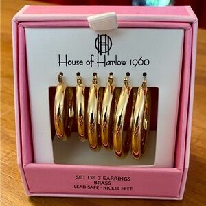 🔥🔥New House of Harlow 1960 Shiny Gold 3 Pair Loop Dangle Earring Set